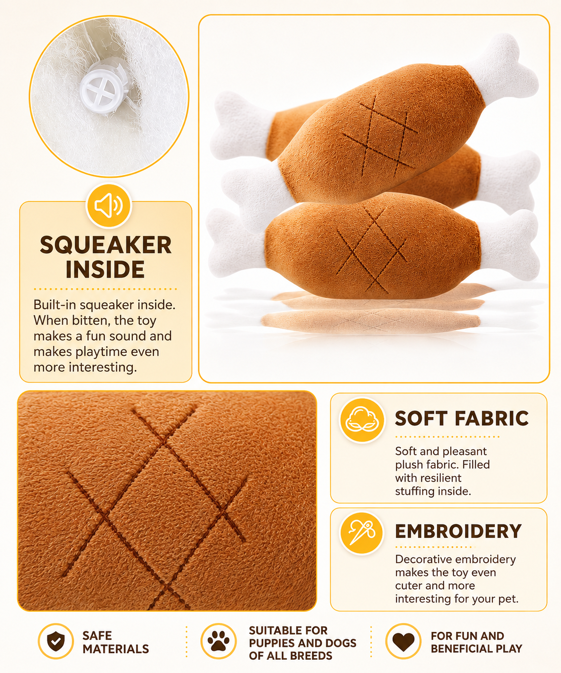 Squeaky Plush Chicken Leg Dog Toy | for Dogs & Cats | Durable Chewing & Photo Prop