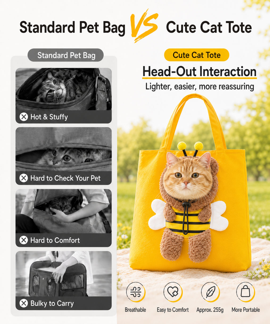 Cute Canvas Pet Carrier Tote Bag for Cats & Small Dogs, Breathable Head-Out Design for Travel & Walking