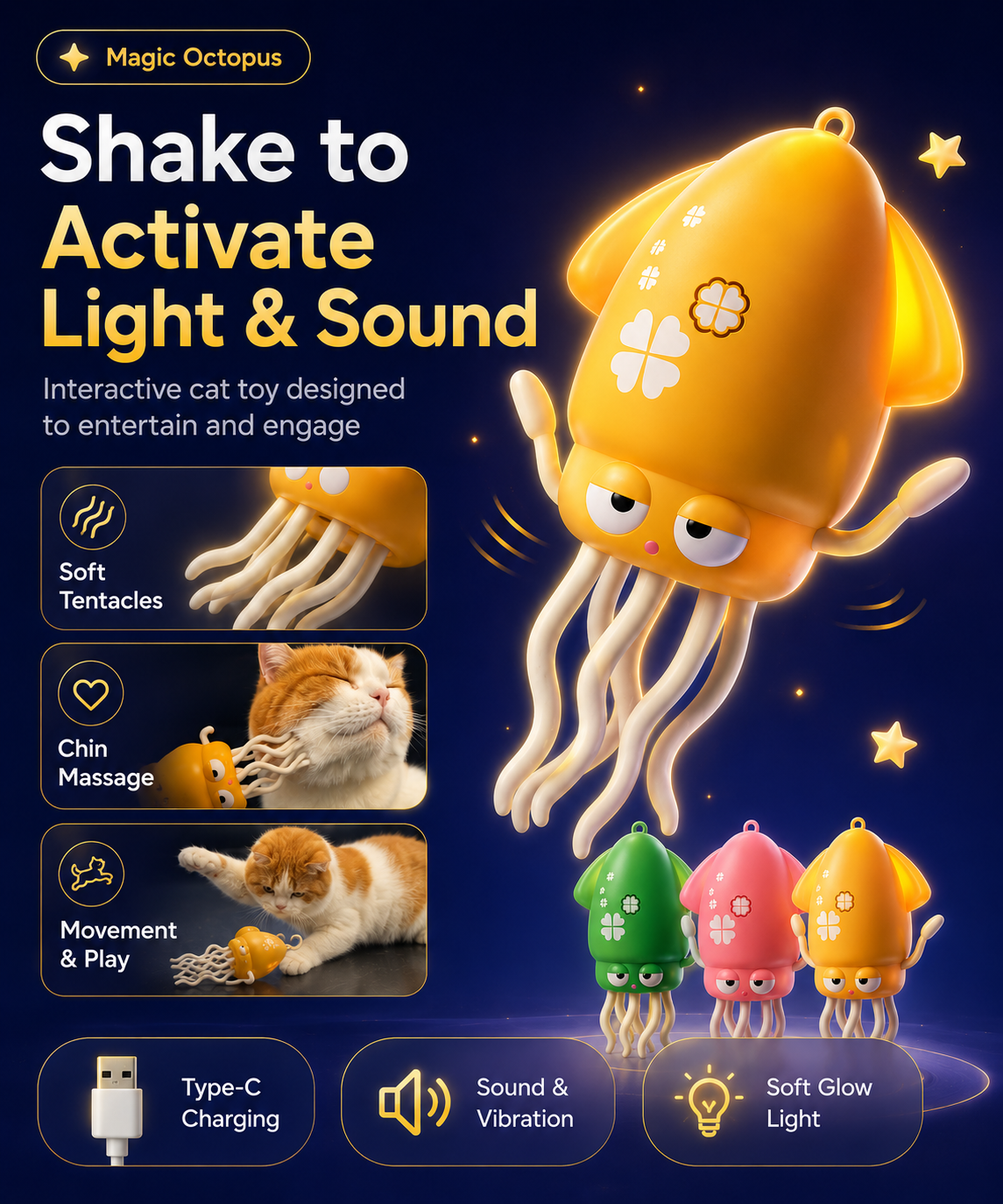 Interactive Octopus Toy for Cats for Play and Chin Massage